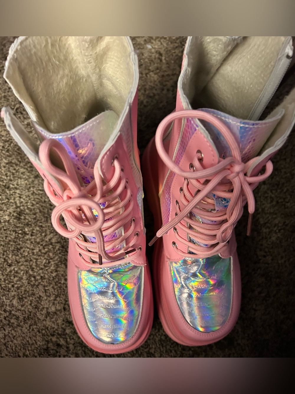 Pink Platform Lace-Up Boots with Iridescent Panels - Picture 2 of 4